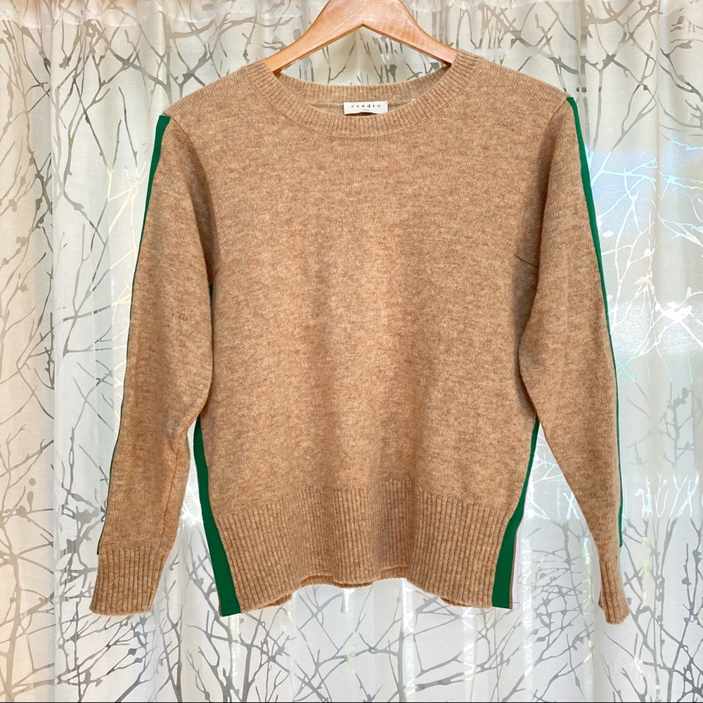 Sandro amour tan brown green white stripe long sleeves crewneck wool sweater top - Picture 6 of 13